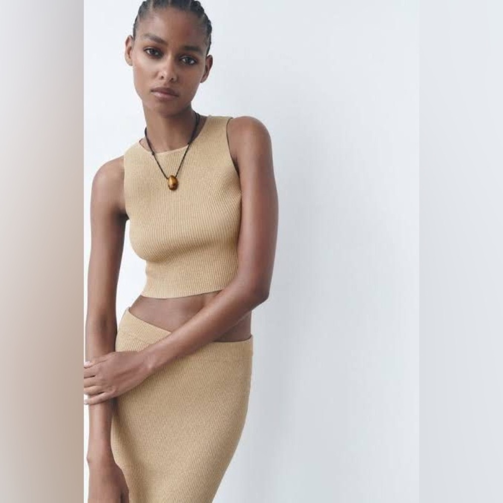Zara Gold Shimmery Ribbed Knit Crop Top and Skirt Set